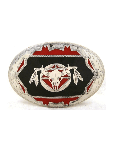 Colorado Silver Star 0-6007-BRR Skull And Shield Buckle Black Red And Silver front view. If you need any assistance with this item or the purchase of this item please call us at five six one seven four eight eight eight zero one Monday through Saturday 10:00a.m EST to 8:00 p.m EST