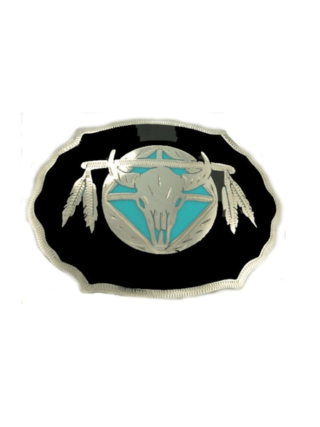Colorado Silver Star 0-6507-LB Skull And Shield Buckle Black Turquoise And Silver front view. If you need any assistance with this item or the purchase of this item please call us at five six one seven four eight eight eight zero one Monday through Saturday 10:00a.m EST to 8:00 p.m EST