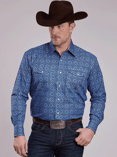 Roper 03-001-0225-1023 Mens Vintage Medallion Paisley Western Shirt Blue front view. If you need any assistance with this item or the purchase of this item please call us at five six one seven four eight eight eight zero one Monday through Saturday 10:00a.m EST to 8:00 p.m EST