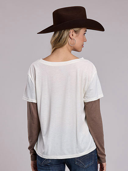 Roper 03-038-0513-6168 Womens Double Long Sleeve Knit T-Shirt White back view. If you need any assistance with this item or the purchase of this item please call us at five six one seven four eight eight eight zero one Monday through Saturday 10:00a.m EST to 8:00 p.m EST