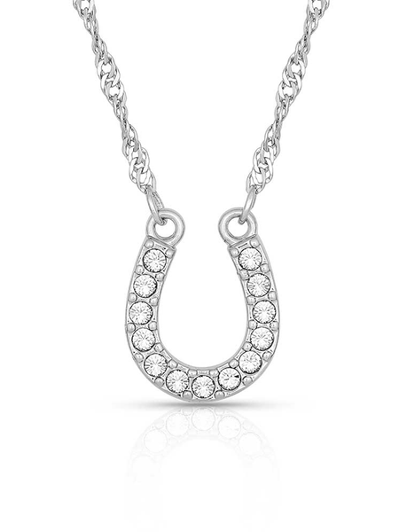 Montana Silversmiths NC62 Womens Crystal Clear Lucky Horseshoe Necklace Silver front view. If you need any assistance with this item or the purchase of this item please call us at five six one seven four eight eight eight zero one Monday through Saturday 10:00a.m EST to 8:00 p.m EST