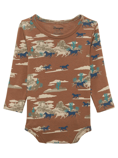 Wrangler 112365828 Infants Long Sleeve Western Bodysuit Brown front view. If you need any assistance with this item or the purchase of this item please call us at five six one seven four eight eight eight zero one Monday through Saturday 10:00a.m EST to 8:00 p.m EST