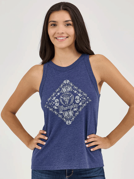 Wrangler 112361904 Womens Western Graphic Goddess Tank Navy Diamond front view. If you need any assistance with this item or the purchase of this item please call us at five six one seven four eight eight eight zero one Monday through Saturday 10:00a.m EST to 8:00 p.m EST