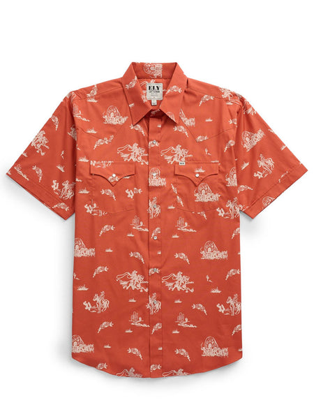Ely Cattleman 2023116-SP Mens Short Sleeve Cowboy Shirt Rust Spice Print front view. If you need any assistance with this item or the purchase of this item please call us at five six one seven four eight eight eight zero one Monday through Saturday 10:00a.m EST to 8:00 p.m EST