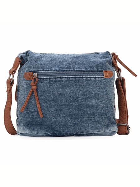 Wrangler WG103-2009JN Womens Floral Tooled Jean Crossbody Bag Denim back. If you need any assistance with this item or the purchase of this item please call us at five six one seven four eight eight eight zero one Monday through Saturday 10:00a.m EST to 8:00 p.m EST