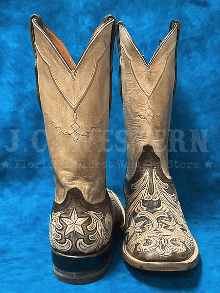 Black Jack HT-262-96 Mens Handtooled Stars Square Toe Boot Vintaged Chocolate Natural front and back view. If you need any assistance with this item or the purchase of this item please call us at five six one seven four eight eight eight zero one Monday through Saturday 10:00a.m EST to 8:00 p.m EST