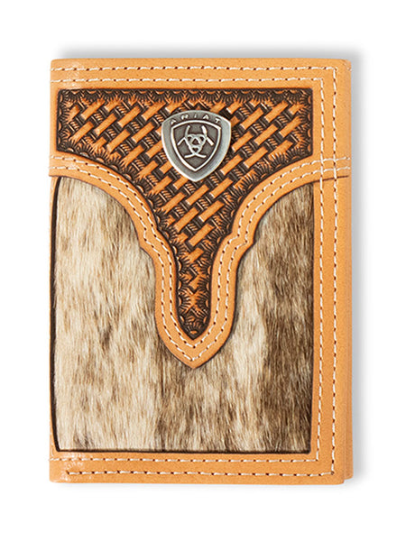 Ariat A3561748 Mens Calf Hair Basket Weave Trifold Wallet Natural front view. If you need any assistance with this item or the purchase of this item please call us at five six one seven four eight eight eight zero one Monday through Saturday 10:00a.m EST to 8:00 p.m EST