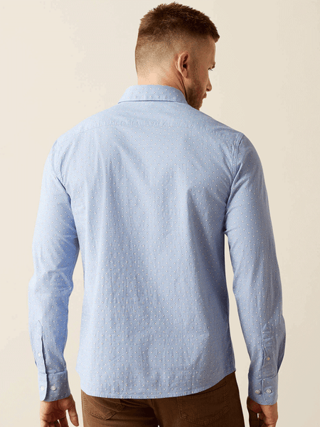 Ariat 10058985 Mens Mikey Modern Fit Long Sleeve Shirt Light Blue back view. If you need any assistance with this item or the purchase of this item please call us at five six one seven four eight eight eight zero one Monday through Saturday 10:00a.m EST to 8:00 p.m EST