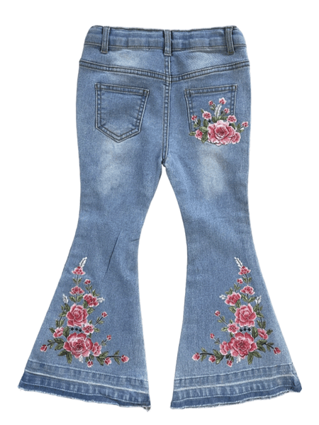 Shea Baby SBD12 Kids Floral Denim Flare Jeans Light Blue back view of toddler size. If you need any assistance with this item or the purchase of this item please call us at five six one seven four eight eight eight zero one Monday through Saturday 10:00a.m EST to 8:00 p.m EST