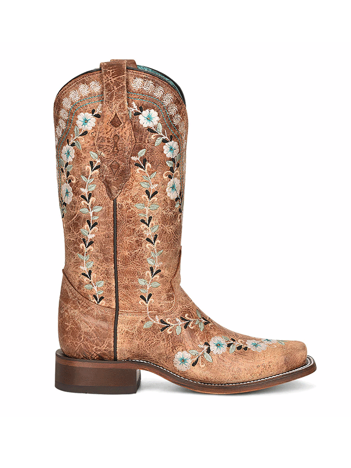 Corral A4398 Ladies Floral Embroidery Square Toe Western Boot Distressed Cognac front and side view. If you need any assistance with this item or the purchase of this item please call us at five six one seven four eight eight eight zero one Monday through Saturday 10:00a.m EST to 8:00 p.m EST
