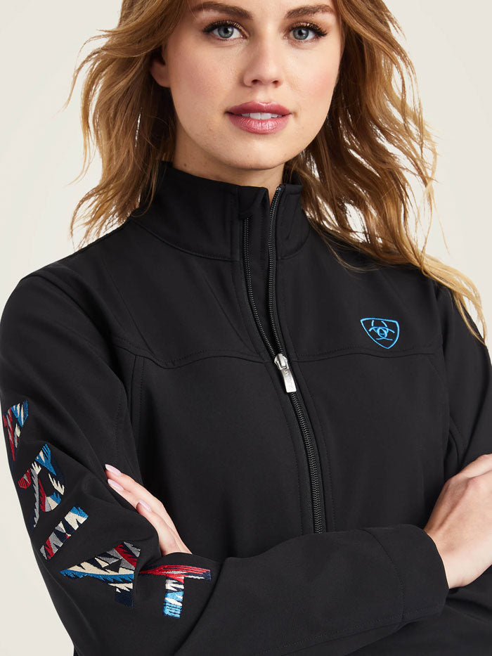 Ariat 10042185 Womens Team Logo Softshell Chimayo Jacket Black front and sleeve view. If you need any assistance with this item or the purchase of this item please call us at five six one seven four eight eight eight zero one Monday through Saturday 10:00a.m EST to 8:00 p.m EST