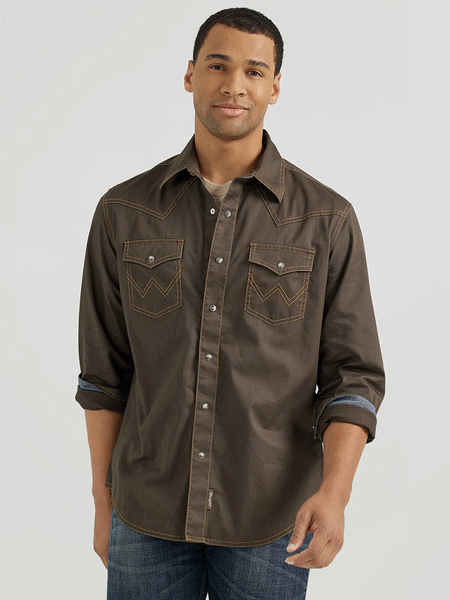 Wrangler 112356597 Mens Retro Long Sleeve Shirt Black Olive front. If you need any assistance with this item or the purchase of this item please call us at five six one seven four eight eight eight zero one Monday through Saturday 10:00a.m EST to 8:00 p.m EST