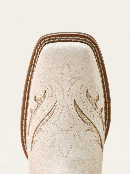 Ariat 10053648 Womens Round Up Bliss Western Boot Distressed Ivory toe view. If you need any assistance with this item or the purchase of this item please call us at five six one seven four eight eight eight zero one Monday through Saturday 10:00a.m EST to 8:00 p.m EST