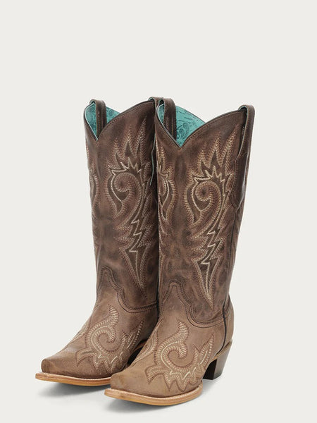 Corral Z5557 Ladies Flames Embroidery Cowboy Boot Brown side / front view pair. If you need any assistance with this item or the purchase of this item please call us at five six one seven four eight eight eight zero one Monday through Saturday 10:00a.m EST to 8:00 p.m EST