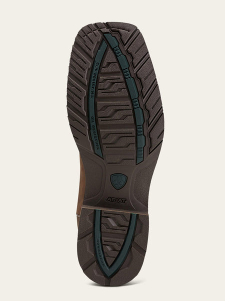 Ariat 10014067 Mens Hybrid Rancher Waterproof Western Boot Oily Distressed Brown sole view. If you need any assistance with this item or the purchase of this item please call us at five six one seven four eight eight eight zero one Monday through Saturday 10:00a.m EST to 8:00 p.m EST