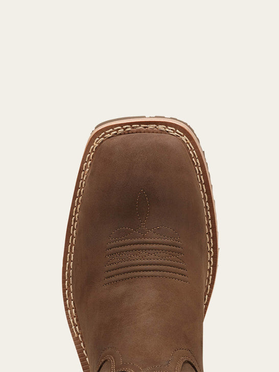 Ariat 10014067 Mens Hybrid Rancher Waterproof Western Boot Oily Distressed Brown toe view. If you need any assistance with this item or the purchase of this item please call us at five six one seven four eight eight eight zero one Monday through Saturday 10:00a.m EST to 8:00 p.m EST