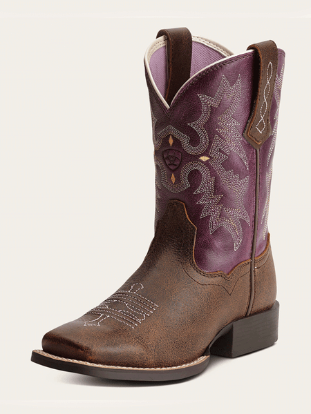 Ariat 10015390 Youth Tombstone Wide Square Toe Western Boot Brown front and side view. If you need any assistance with this item or the purchase of this item please call us at five six one seven four eight eight eight zero one Monday through Saturday 10:00a.m EST to 8:00 p.m EST