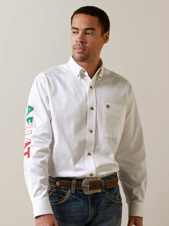 Ariat 10040911 Mens Team Logo Twill Classic Fit Shirt Mexico White front view. If you need any assistance with this item or the purchase of this item please call us at five six one seven four eight eight eight zero one Monday through Saturday 10:00a.m EST to 8:00 p.m EST
