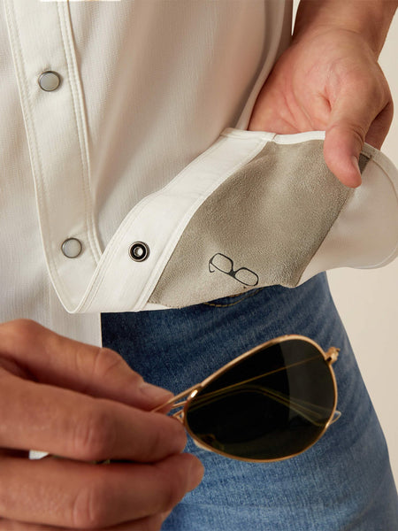 Ariat 10054478 Mens VentTEK Western Fitted Snap Short Sleeve Shirt White lens cloth view. If you need any assistance with this item or the purchase of this item please call us at five six one seven four eight eight eight zero one Monday through Saturday 10:00a.m EST to 8:00 p.m EST