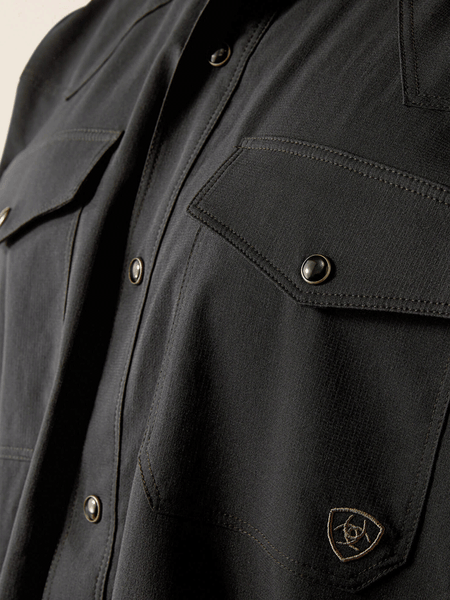 Ariat 10054481 Mens Western VentTEK Classic Fit Shirt Black front close up. If you need any assistance with this item or the purchase of this item please call us at five six one seven four eight eight eight zero one Monday through Saturday 10:00a.m EST to 8:00 p.m EST