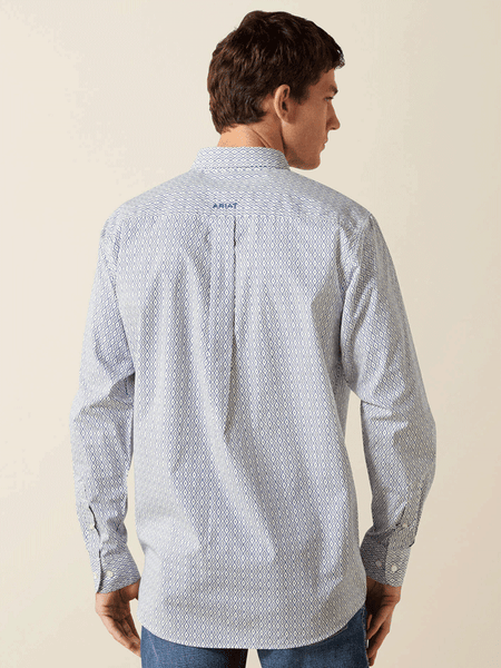 Ariat 10062245 Mens Santos Fitted Long Sleeve Shirt Cream Blue back view. If you need any assistance with this item or the purchase of this item please call us at five six one seven four eight eight eight zero one Monday through Saturday 10:00a.m EST to 8:00 p.m EST