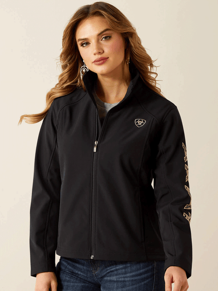 Ariat 10062308 Womens Logo Softshell Jacket Southwest Minimal Print Black front view. If you need any assistance with this item or the purchase of this item please call us at five six one seven four eight eight eight zero one Monday through Saturday 10:00a.m EST to 8:00 p.m EST