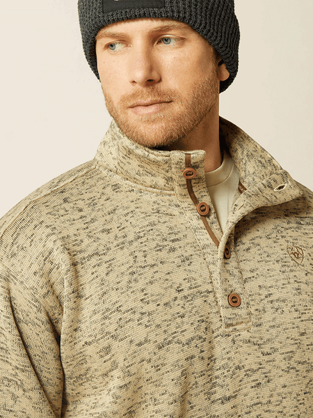 Ariat 10062481 Mens Caldwell 1/4 Button Sweater Beige close up. If you need any assistance with this item or the purchase of this item please call us at five six one seven four eight eight eight zero one Monday through Saturday 10:00a.m EST to 8:00 p.m EST