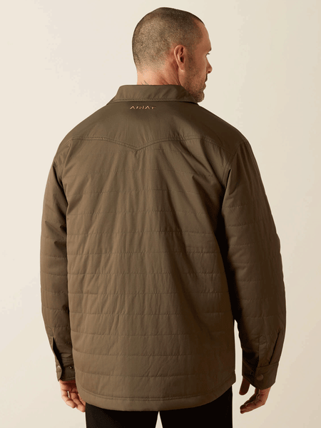 Ariat 10062512 Mens Quilted Shirt Jacket Dark Olive Green back view. If you need any assistance with this item or the purchase of this item please call us at five six one seven four eight eight eight zero one Monday through Saturday 10:00a.m EST to 8:00 p.m EST