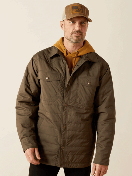 Ariat 10062512 Mens Quilted Shirt Jacket Dark Olive Green front view. If you need any assistance with this item or the purchase of this item please call us at five six one seven four eight eight eight zero one Monday through Saturday 10:00a.m EST to 8:00 p.m EST