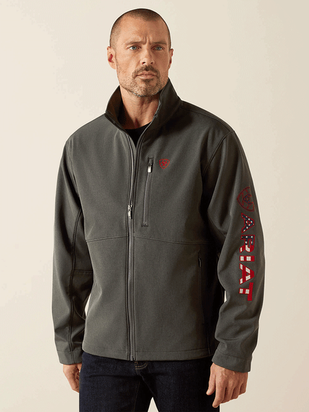 Ariat 10062579 Mens Logo Softshell Jacket Charcoal front view. If you need any assistance with this item or the purchase of this item please call us at five six one seven four eight eight eight zero one Monday through Saturday 10:00a.m EST to 8:00 p.m EST