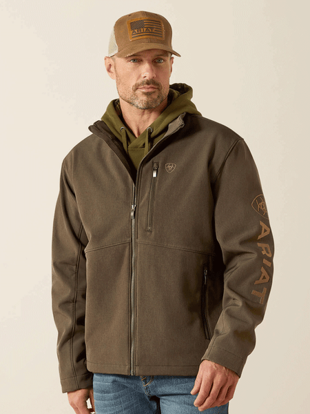 Ariat 10062584 Mens Logo Softshell Jacket Earth Green Heather front view. If you need any assistance with this item or the purchase of this item please call us at five six one seven four eight eight eight zero one Monday through Saturday 10:00a.m EST to 8:00 p.m EST