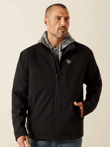 Ariat 10062596 Mens Vernon Softshell Jacket Black front view. If you need any assistance with this item or the purchase of this item please call us at five six one seven four eight eight eight zero one Monday through Saturday 10:00a.m EST to 8:00 p.m EST