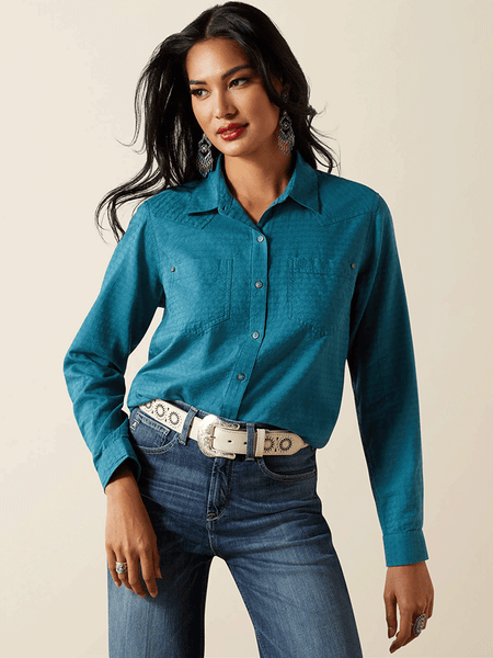 Ariat 10062675 Womens Billie Jean Shirt Dragonfly Dobby front view. If you need any assistance with this item or the purchase of this item please call us at five six one seven four eight eight eight zero one Monday through Saturday 10:00a.m EST to 8:00 p.m EST