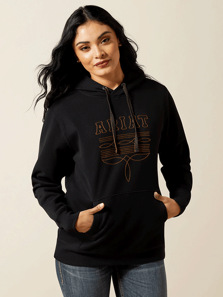 Ariat 10062734 Womens Booted Logo Hoodie Black front view. If you need any assistance with this item or the purchase of this item please call us at five six one seven four eight eight eight zero one Monday through Saturday 10:00a.m EST to 8:00 p.m EST