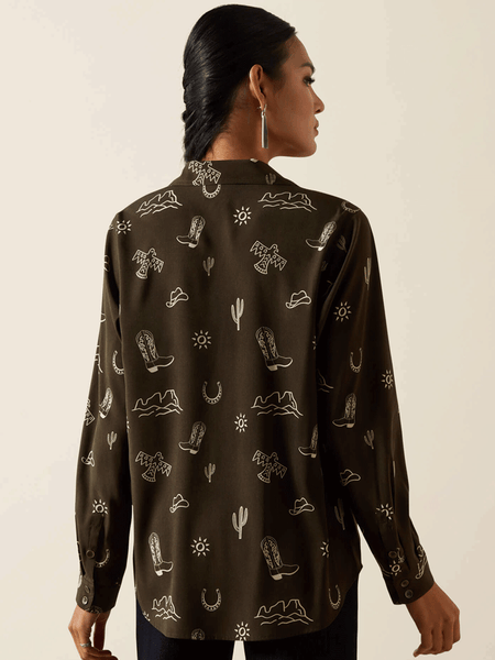Ariat 10062904 Womens Layla Print Homestyle Shirt Olive back view. If you need any assistance with this item or the purchase of this item please call us at five six one seven four eight eight eight zero one Monday through Saturday 10:00a.m EST to 8:00 p.m EST