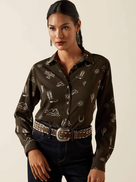 Ariat 10062904 Womens Layla Print Homestyle Shirt Olive front view. If you need any assistance with this item or the purchase of this item please call us at five six one seven four eight eight eight zero one Monday through Saturday 10:00a.m EST to 8:00 p.m EST