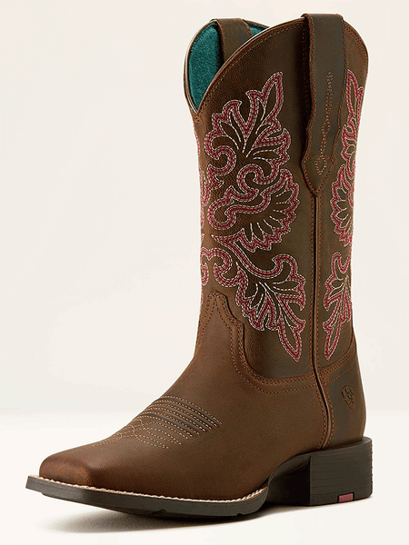 Ariat 10064078 Womens Round Up StretchFit Wide Square Toe Western Boot Sassy Brown side / front view. If you need any assistance with this item or the purchase of this item please call us at five six one seven four eight eight eight zero one Monday through Saturday 10:00a.m EST to 8:00 p.m EST