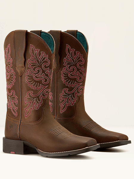 Ariat 10064078 Womens Round Up StretchFit Wide Square Toe Western Boot Sassy Brown side / front view pair. If you need any assistance with this item or the purchase of this item please call us at five six one seven four eight eight eight zero one Monday through Saturday 10:00a.m EST to 8:00 p.m EST