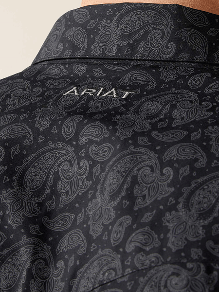 Ariat 10065962 Mens Finnigan Classic Fit Shirt Black back close up. If you need any assistance with this item or the purchase of this item please call us at five six one seven four eight eight eight zero one Monday through Saturday 10:00a.m EST to 8:00 p.m EST
