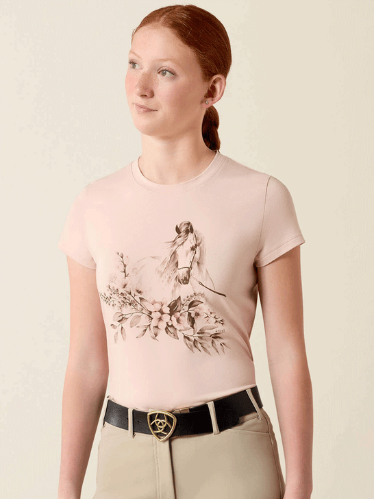 Ariat 10071345 Youth Ethereal Equine T-Shirt Sepia Rose front view. If you need any assistance with this item or the purchase of this item please call us at five six one seven four eight eight eight zero one Monday through Saturday 10:00a.m EST to 8:00 p.m EST
