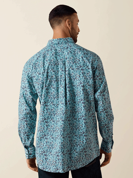 Ariat 10071602 Mens Phelps Classic Fit Shirt Paisley Print Blue back view. If you need any assistance with this item or the purchase of this item please call us at five six one seven four eight eight eight zero one Monday through Saturday 10:00a.m EST to 8:00 p.m EST