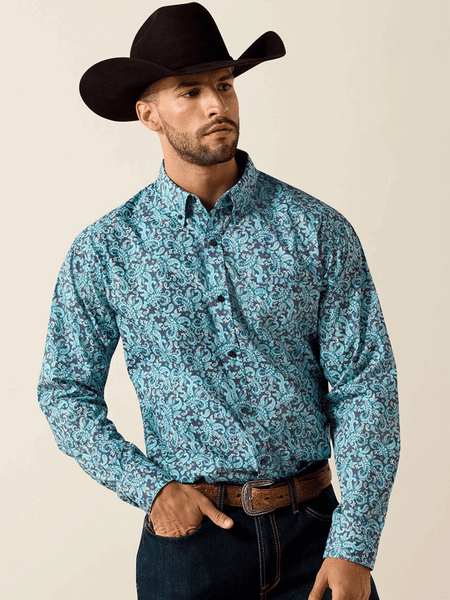 Ariat 10071602 Mens Phelps Classic Fit Shirt Paisley Print Blue front view. If you need any assistance with this item or the purchase of this item please call us at five six one seven four eight eight eight zero one Monday through Saturday 10:00a.m EST to 8:00 p.m EST