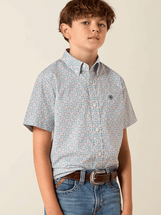 Ariat 10071676 Youth Pier Short Sleeve Shirt Southwest Print Light Blue front view. If you need any assistance with this item or the purchase of this item please call us at five six one seven four eight eight eight zero one Monday through Saturday 10:00a.m EST to 8:00 p.m EST