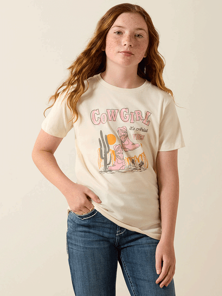 Ariat 10071704 Kids Cowgirl Vibes T-Shirt Natural front view. If you need any assistance with this item or the purchase of this item please call us at five six one seven four eight eight eight zero one Monday through Saturday 10:00a.m EST to 8:00 p.m EST