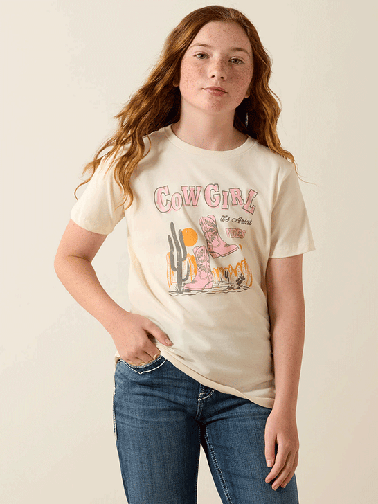 Ariat 10071704 Kids Cowgirl Vibes T-Shirt Natural front view. If you need any assistance with this item or the purchase of this item please call us at five six one seven four eight eight eight zero one Monday through Saturday 10:00a.m EST to 8:00 p.m EST