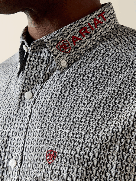 Ariat 10071716 Mens Team Ward Classic Fit Shirt Black collar close up. If you need any assistance with this item or the purchase of this item please call us at five six one seven four eight eight eight zero one Monday through Saturday 10:00a.m EST to 8:00 p.m EST