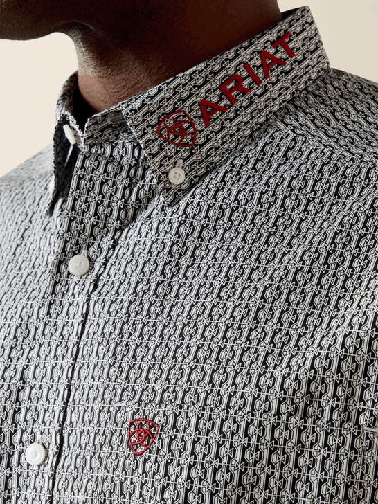 Ariat 10071716 Mens Team Ward Classic Fit Shirt Black collar close up. If you need any assistance with this item or the purchase of this item please call us at five six one seven four eight eight eight zero one Monday through Saturday 10:00a.m EST to 8:00 p.m EST