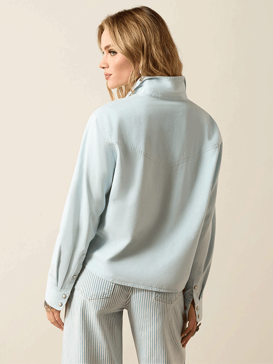Ariat 10071774 Womens Asheville Snap Shirt Light Blue back view. If you need any assistance with this item or the purchase of this item please call us at five six one seven four eight eight eight zero one Monday through Saturday 10:00a.m EST to 8:00 p.m EST
