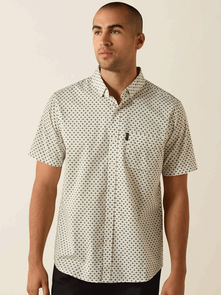 Ariat 10072726 Mens Macsen Modern Fit Shirt Diamond Print Ivory front view. If you need any assistance with this item or the purchase of this item please call us at five six one seven four eight eight eight zero one Monday through Saturday 10:00a.m EST to 8:00 p.m EST