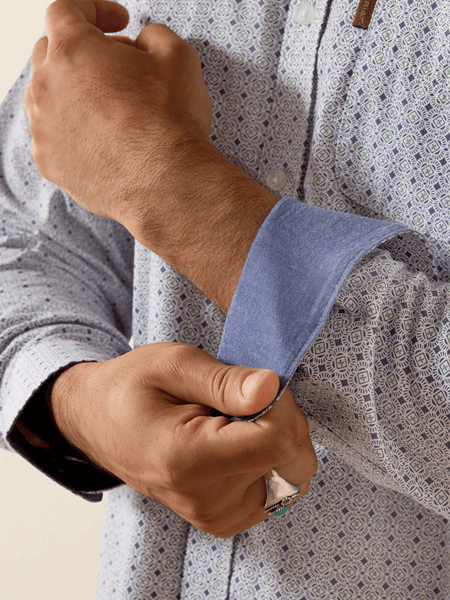 Ariat 10072728 Mens Mercer Modern Fit Shirt Geo Cube Print Silver Grey cuff view. If you need any assistance with this item or the purchase of this item please call us at five six one seven four eight eight eight zero one Monday through Saturday 10:00a.m EST to 8:00 p.m EST